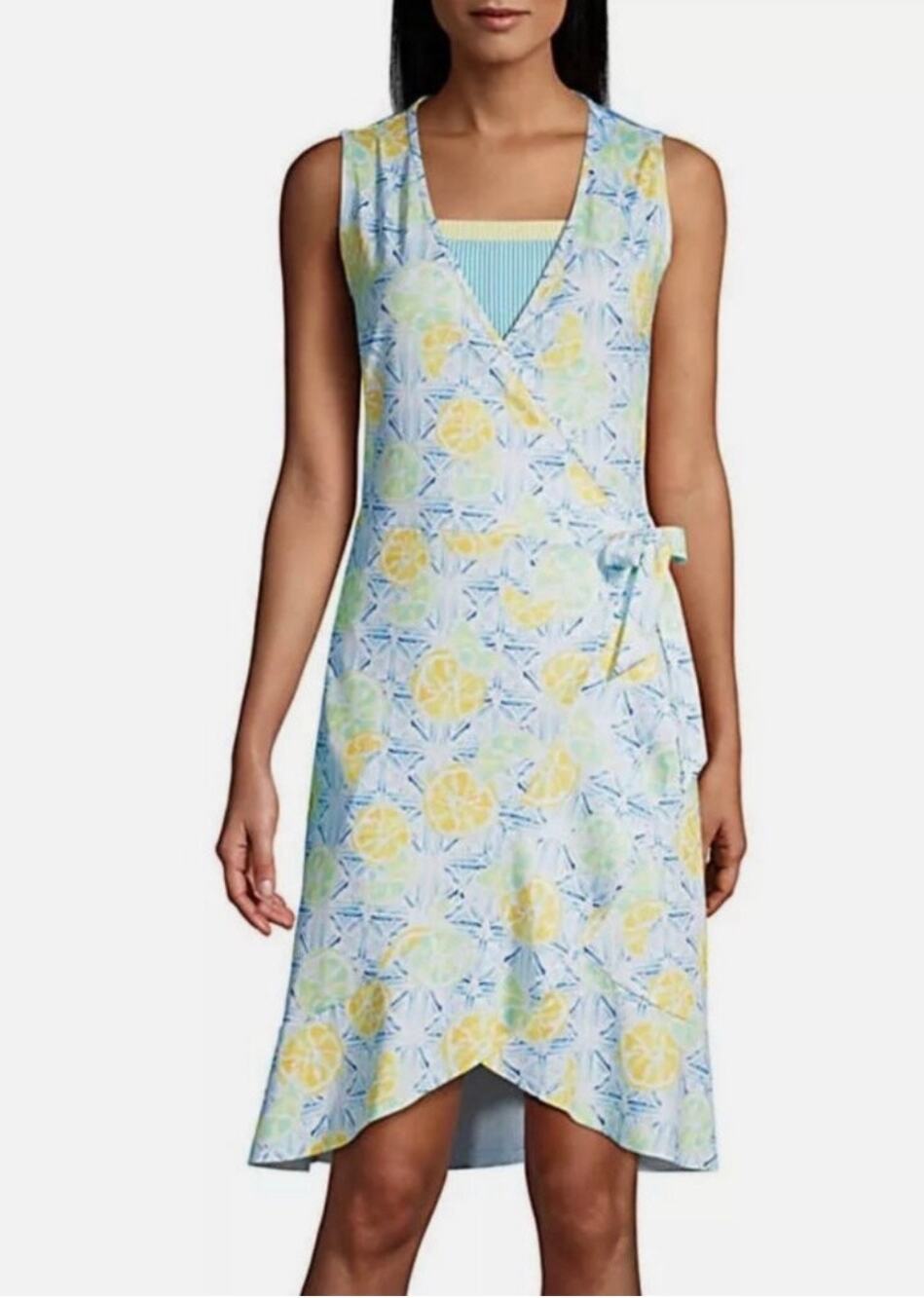 Lands’ end blue lemon performance material sleeveless summer wrap dress size 2x